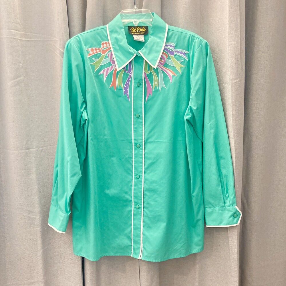 Bob Mackie Wearable Art Button Up Shirt Teal Embroidered Ribbon Design Large